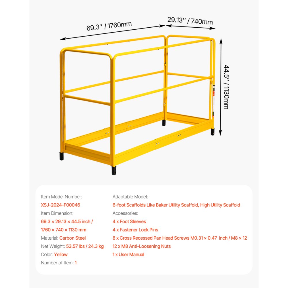 VEVOR 6 Foot Scaffolding Safety Guardrail, Rustproof Solid Carbon Steel Scaffold Guard Rail of 55.4 lbs Load Capacity, Baker Style Metal Guardrails Accessory System for Scaffolding Platform, Yellow