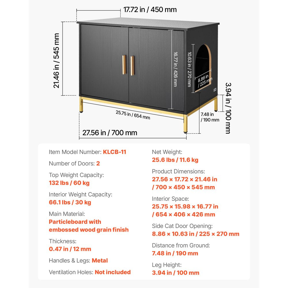 VEVOR Cat Litter Box Enclosure Furniture, 27.6 in Hidden Litter Box Cabinet with Metal Legs & Handle, Modern Style Cat Washroom House End Table, Fit Most of Litterbox, for Bedroom Living Room