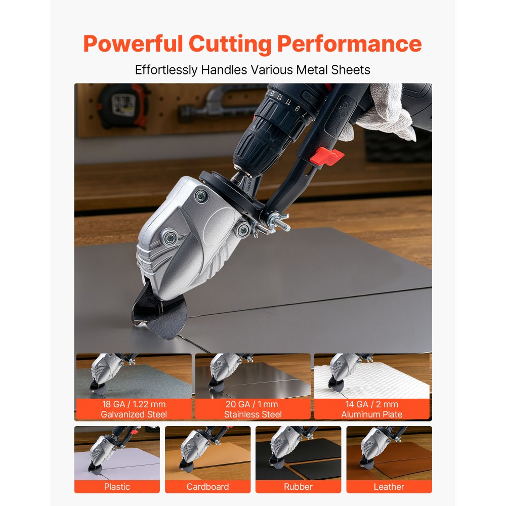 VEVOR Metal Shear/Cutter Drill Attachment, Sheet Metal Cutter with 360-Degree Pivoting Head, Sharp Blades,Ideal for 18 GA Galvanized Steel, 20 GA Stainless Steel, Aluminum Plate, Plastic, Cardboard