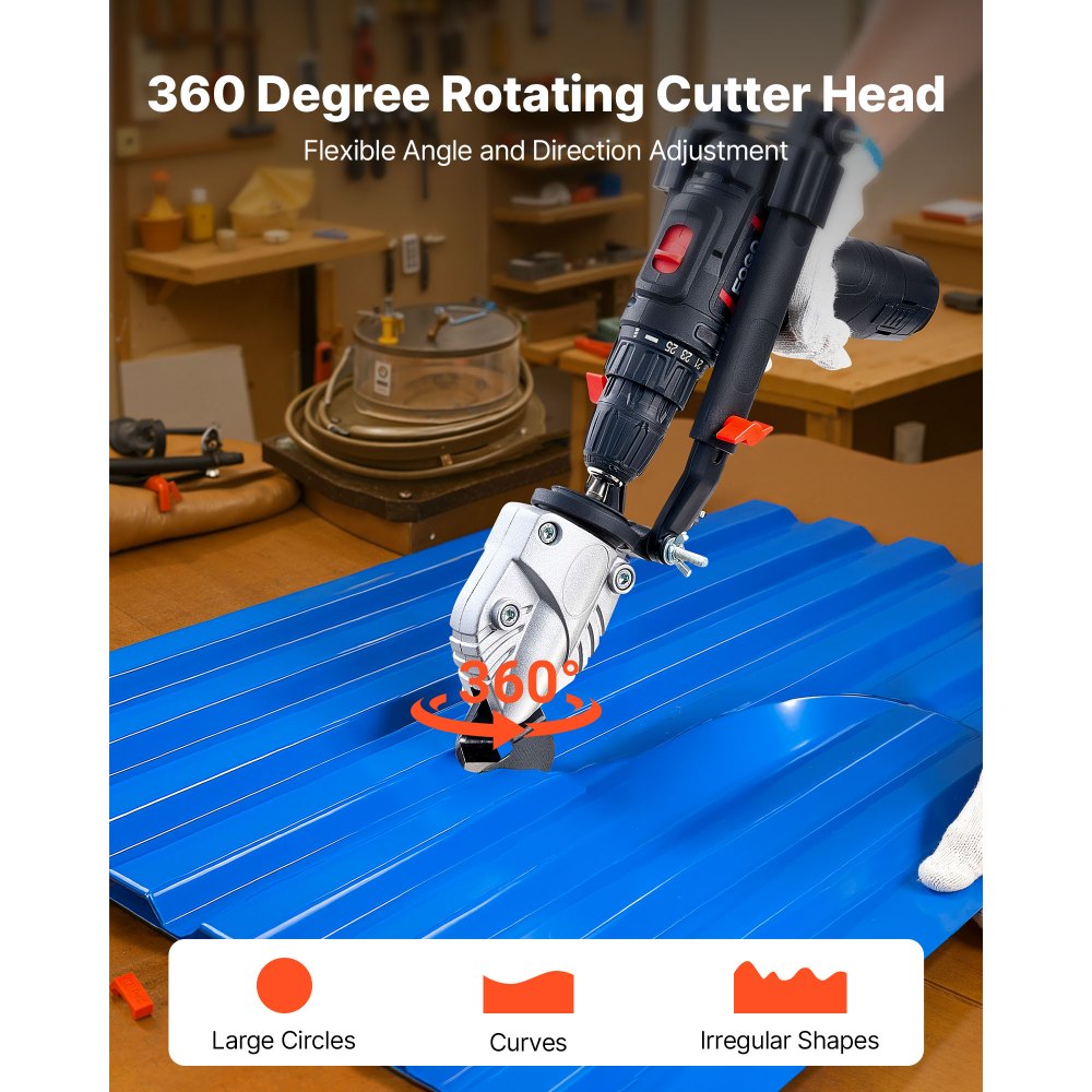 VEVOR Metal Shear/Cutter Drill Attachment, Sheet Metal Cutter with 360-Degree Pivoting Head, Sharp Blades,Ideal for 18 GA Galvanized Steel, 20 GA Stainless Steel, Aluminum Plate, Plastic, Cardboard