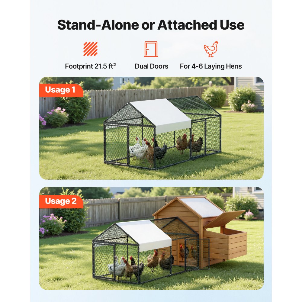 VEVOR Metal Chicken Coop for 4-6 Chickens, 3.3 x 6.6 x 3.3 ft, Small Chicken Cage with Waterproof Cover & Double Doors, Spire Roof Poultry Run Compatible with Wooden Coops, for Rabbit Hen Goose Duck