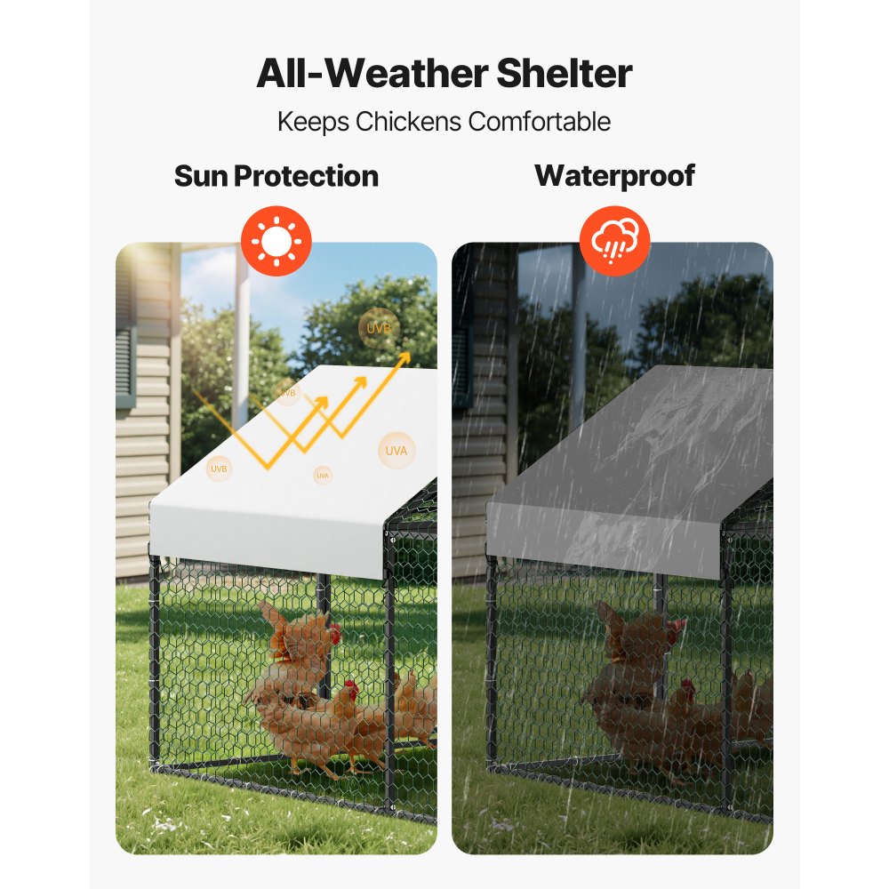 VEVOR Metal Chicken Coop for 4-6 Chickens, 3.3 x 6.6 x 3.3 ft, Small Chicken Cage with Waterproof Cover & Double Doors, Spire Roof Poultry Run Compatible with Wooden Coops, for Rabbit Hen Goose Duck