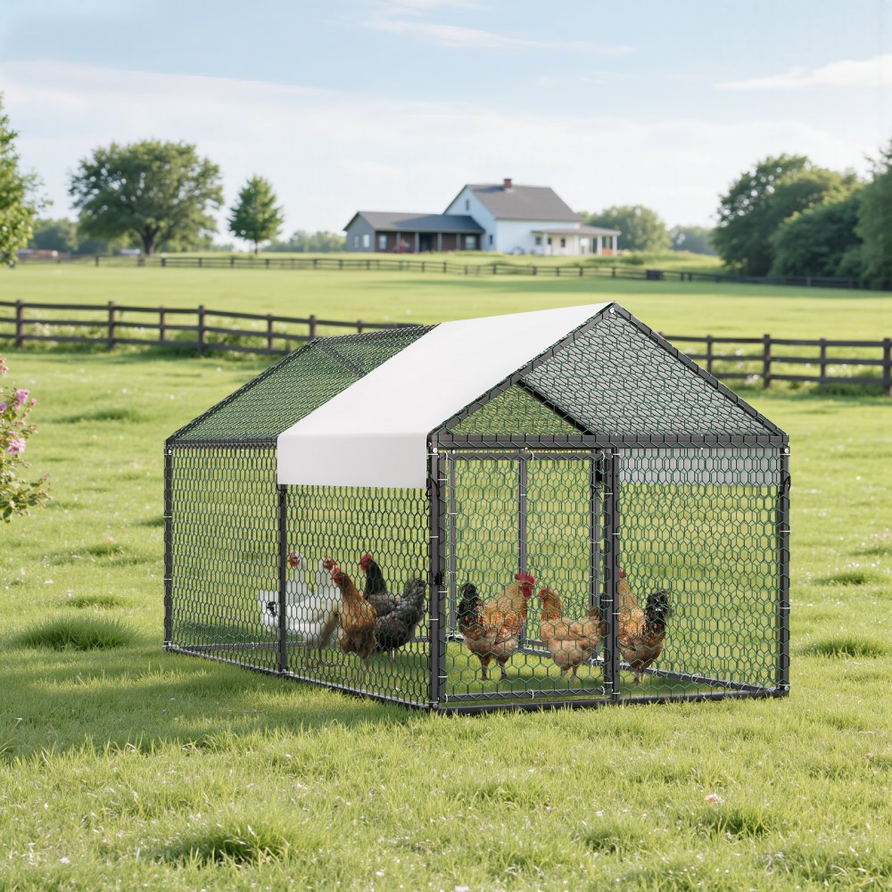 VEVOR Metal Chicken Coop for 4-6 Chickens, 3.3 x 6.6 x 3.3 ft, Small Chicken Cage with Waterproof Cover & Double Doors, Spire Roof Poultry Run Compatible with Wooden Coops, for Rabbit Hen Goose Duck