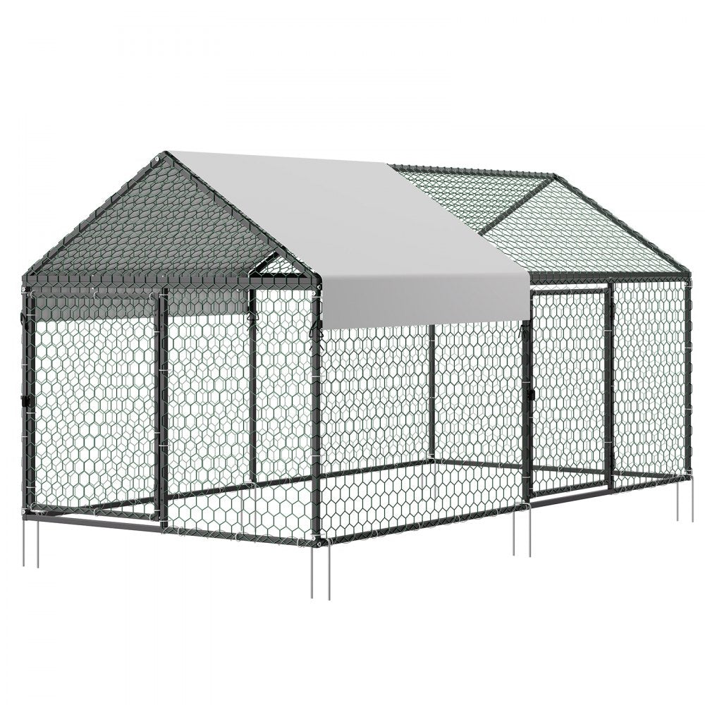 VEVOR Metal Chicken Coop for 4-6 Chickens, 3.3 x 6.6 x 3.3 ft, Small Chicken Cage with Waterproof Cover & Double Doors, Spire Roof Poultry Run Compatible with Wooden Coops, for Rabbit Hen Goose Duck