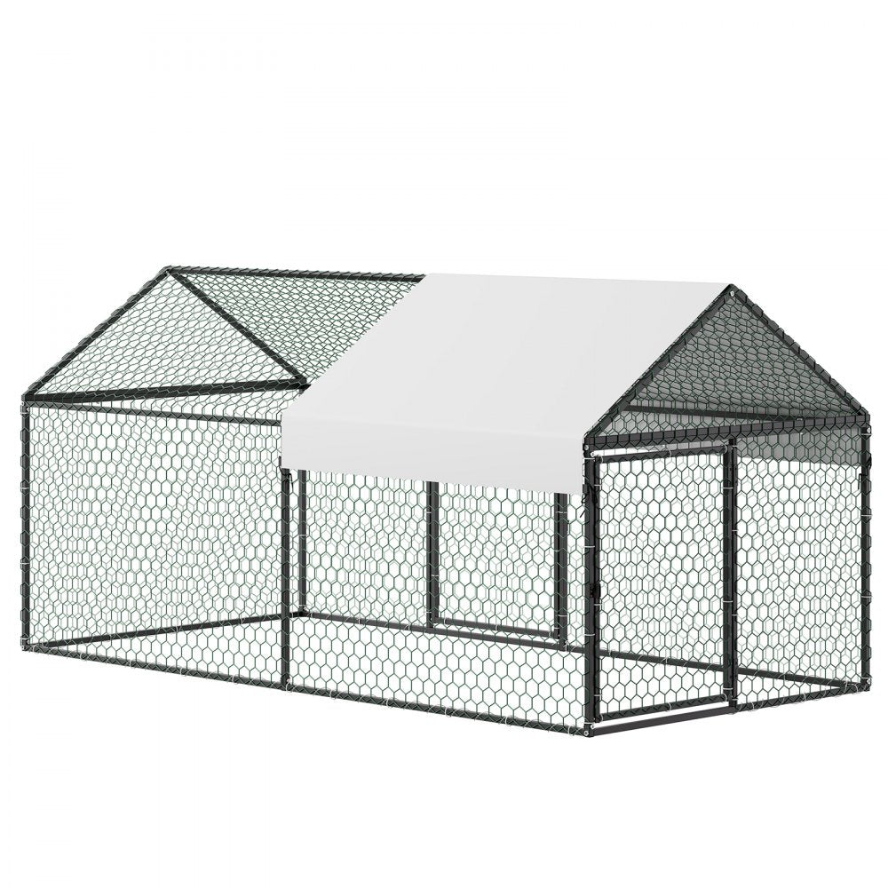VEVOR Metal Chicken Coop for 4-6 Chickens, 3.3 x 6.6 x 3.3 ft, Small Chicken Cage with Waterproof Cover & Double Doors, Spire Roof Poultry Run Compatible with Wooden Coops, for Rabbit Hen Goose Duck