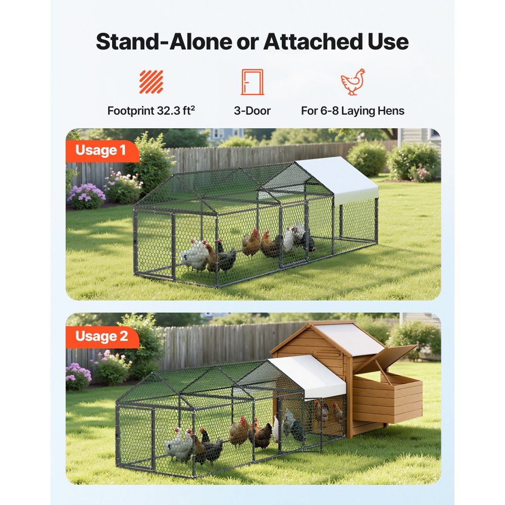 VEVOR Metal Chicken Coop for 6-8 Chickens, 3.3 x 9.8 x 3.3 ft, Small Chicken Cage with Waterproof Cover & 3 Doors, Spire Roof Poultry Run Compatible with Wooden Coops, for Rabbit Hen Goose Duck
