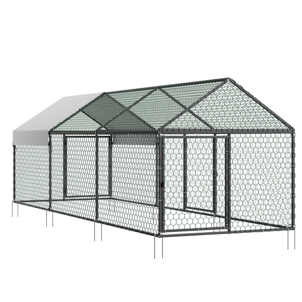 VEVOR Metal Chicken Coop for 6-8 Chickens 3.3x9.8x3.3 ft Small Chicken Cage, Spire Roof Poultry Run with Waterproof Cover & 3 Doors, Compatible with Wooden Coops, for Rabbit Hen Goose Duck, Backyard