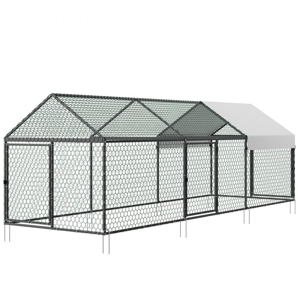 VEVOR Metal Chicken Coop for 6-8 Chickens 3.3x9.8x3.3 ft Small Chicken Cage, Spire Roof Poultry Run with Waterproof Cover & 3 Doors, Compatible with Wooden Coops, for Rabbit Hen Goose Duck, Backyard
