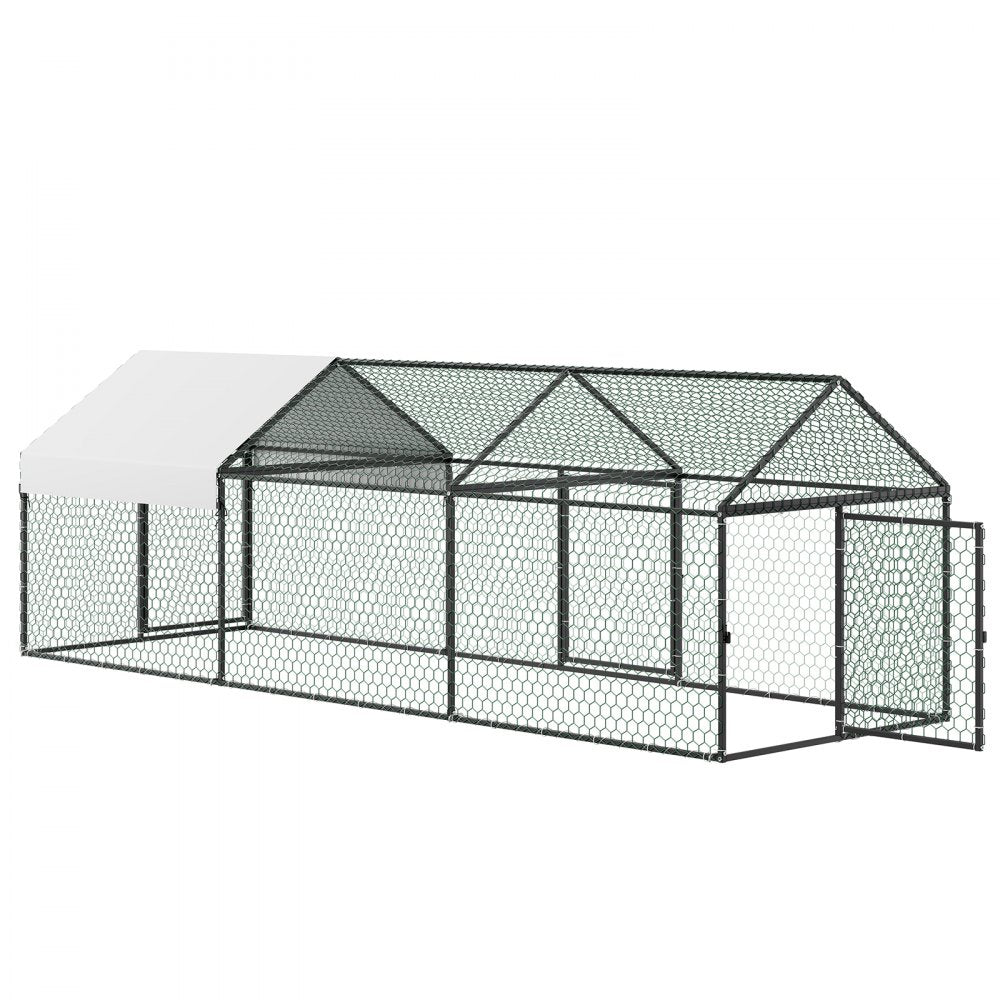 VEVOR Metal Chicken Coop for 6-8 Chickens 3.3x9.8x3.3 ft Small Chicken Cage, Spire Roof Poultry Run with Waterproof Cover & 3 Doors, Compatible with Wooden Coops, for Rabbit Hen Goose Duck, Backyard