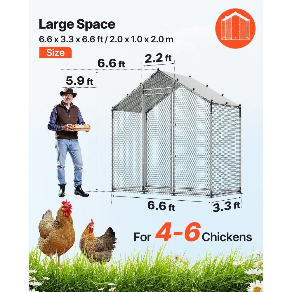 VEVOR Large Metal Chicken Coop,6.6 x 3.3 x 6.6 ft, Walk-in Chicken Run House with Waterproof Cover & Sturdy Frame, Spire Roof Poultry Cage Duck Pen for Rabbit Hen Goose Outdoor Backyard Farm Use