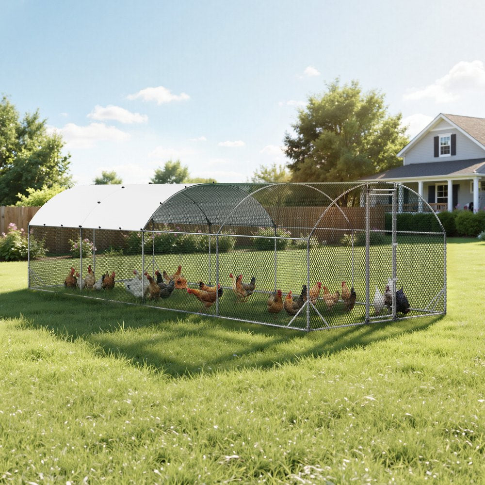 VEVOR Large Metal Chicken Coop, 9 x 25 x 6.6 ft, Walk-in Chicken Run House with Waterproof Cover & Sturdy Frame, Dome Roof Poultry Cage Duck Pen for Rabbit Hen Goose Duck Outdoor Backyard Farm Use