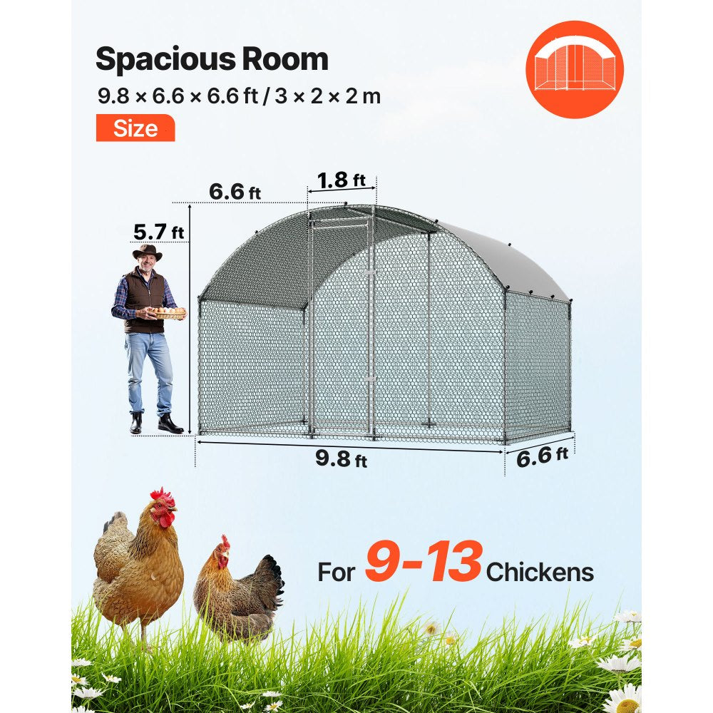 VEVOR Large Metal Chicken Coop 9.8x6.6x6.6 ft Walk-in Chicken Run House, Doom Roof Hen House Enclosure with Cover and Security Lock, Outdoor Duck Rabbit Cage Poultry Pen for Backyard, Farm, Yard Use