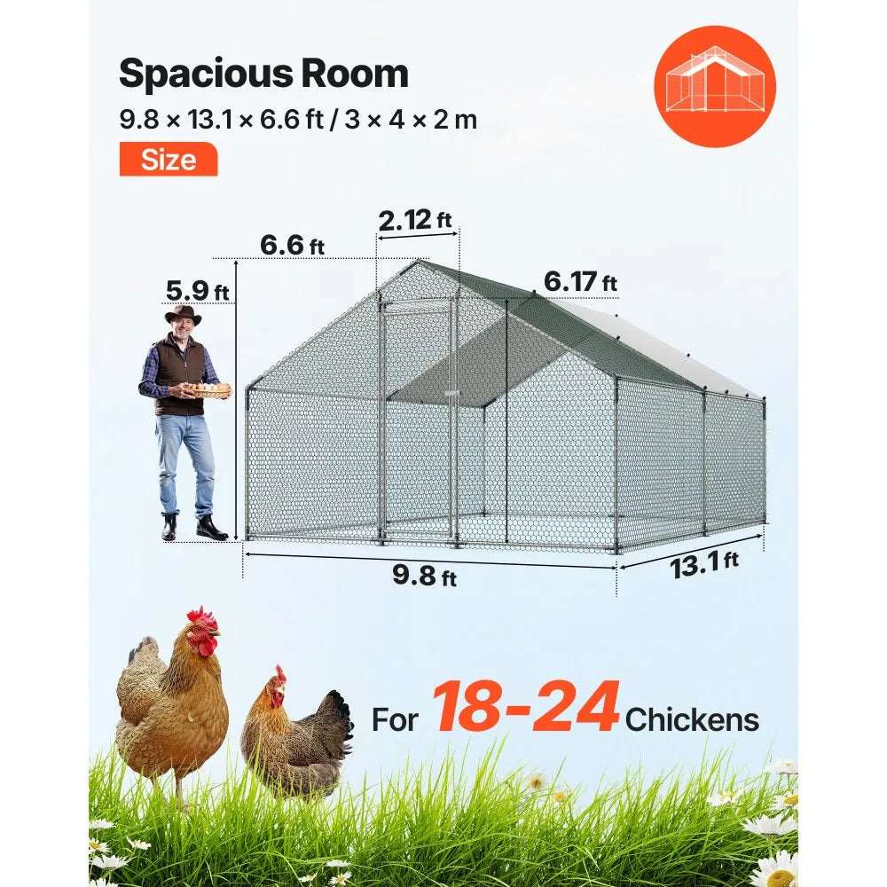 VEVOR Large Metal Chicken Coop, 9.8 x 13.1 x 6.6 ft, Walk-in Chicken Runs with Waterproof Cover, Spire Roof Hen House Enclosure with Lock, Outdoor Duck Rabbit Cage Poultry Pen for Backyard, Farm, Yard