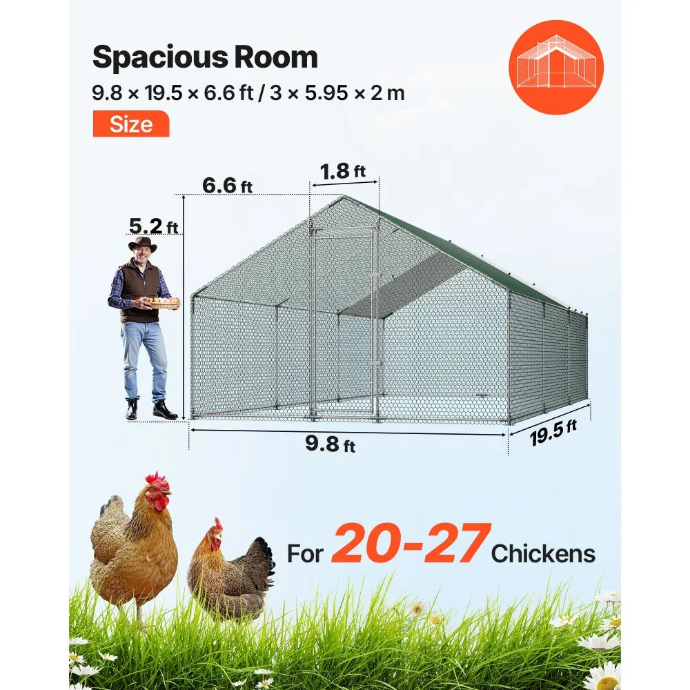 VEVOR Large Metal Chicken Coop 9.8x19.5x6.6 ft Walk-in Chicken Run House, Spire Roof Hen House Enclosure with Cover and Security Lock, Outdoor Duck Rabbit Cage Poultry Pen for Backyard, Farm, Yard