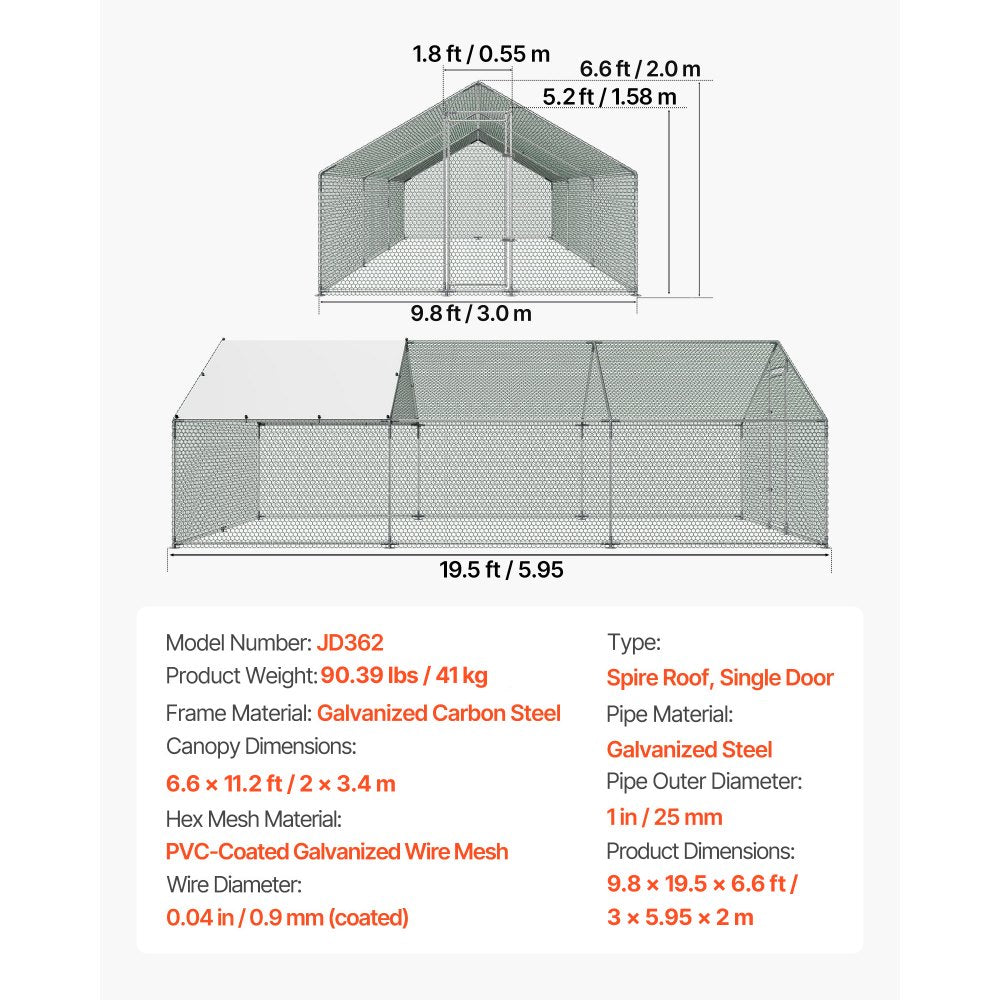 VEVOR Large Metal Chicken Coop 9.8x19.5x6.6 ft Walk-in Chicken Run House, Spire Roof Hen House Enclosure with Cover and Security Lock, Outdoor Duck Rabbit Cage Poultry Pen for Backyard, Farm, Yard