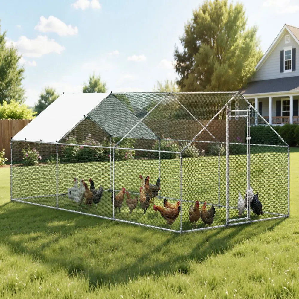 VEVOR Large Metal Chicken Coop 9.8x19.5x6.6 ft Walk-in Chicken Run House, Spire Roof Hen House Enclosure with Cover and Security Lock, Outdoor Duck Rabbit Cage Poultry Pen for Backyard, Farm, Yard