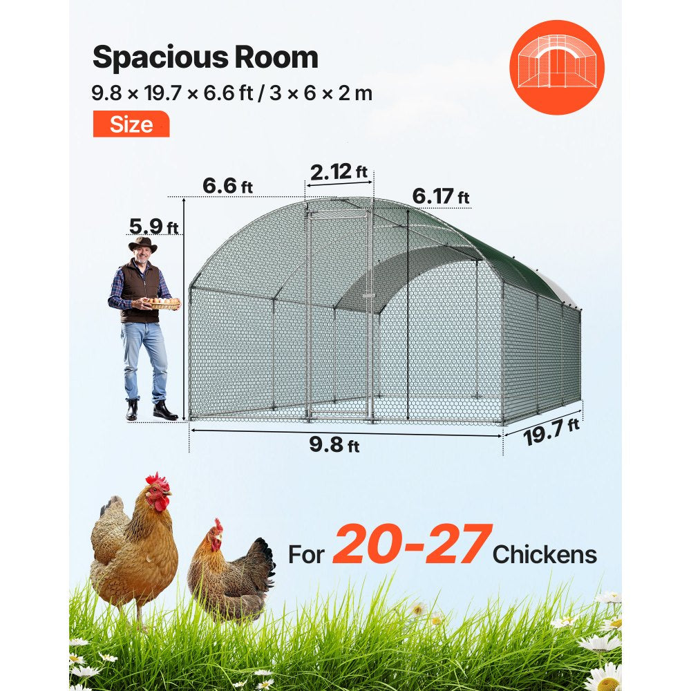 VEVOR Large Metal Chicken Coop, 9.8 x 19.7 x 6.6 ft, Walk-in Chicken Runs with Waterproof Cover, Dome Roof Hen House Enclosure with Lock, Outdoor Duck Rabbit Cage Poultry Pen for Backyard, Farm, Yard