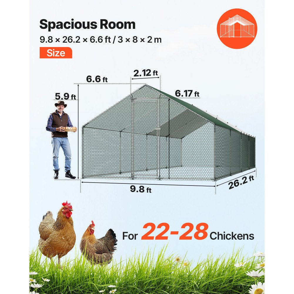 VEVOR Large Metal Chicken Coop, 9.8 x 26.2 x 6.6 ft, Walk-in Chicken Runs with Waterproof Cover, Spire Roof Hen House Enclosure with Lock, Outdoor Duck Rabbit Cage Poultry Pen for Backyard, Farm, Yard