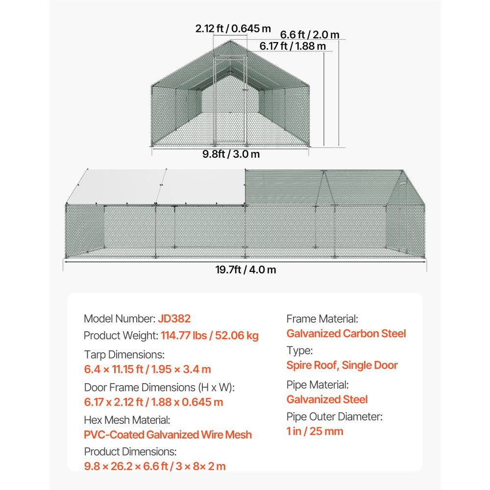 VEVOR Large Metal Chicken Coop, 9.8 x 26.2 x 6.6 ft, Walk-in Chicken Runs with Waterproof Cover, Spire Roof Hen House Enclosure with Lock, Outdoor Duck Rabbit Cage Poultry Pen for Backyard, Farm, Yard