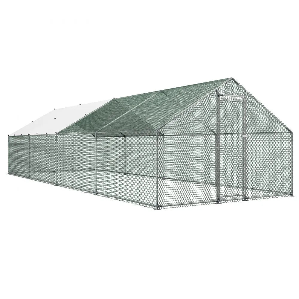 VEVOR Large Metal Chicken Coop, 9.8 x 26.2 x 6.6 ft, Walk-in Chicken Runs with Waterproof Cover, Spire Roof Hen House Enclosure with Lock, Outdoor Duck Rabbit Cage Poultry Pen for Backyard, Farm, Yard