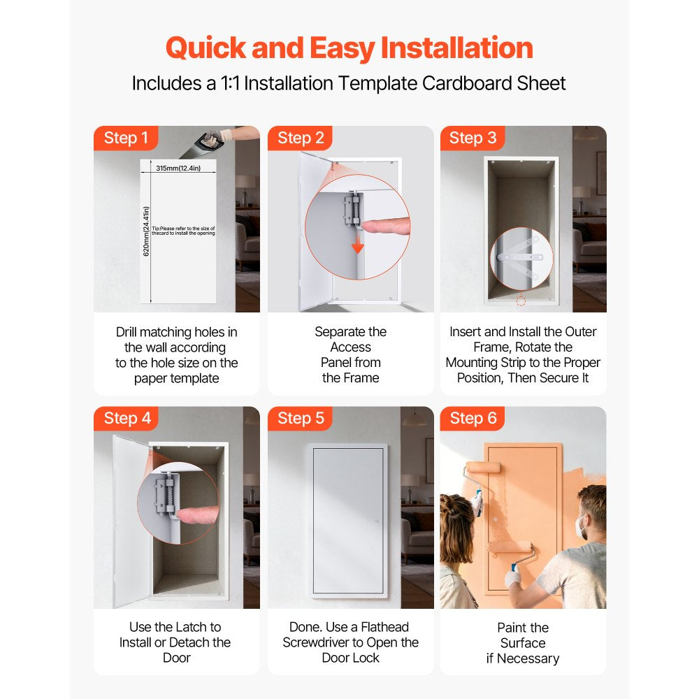 VEVOR Access Panel for Drywall, 25.3 x 13.3 in Galvanized Steel Access Door, Easy Install Hinged Service Panel with Screwdriver Latch, for Ceiling Plumbing Electrical, 12.4 x 24.4 in Cutout Size White