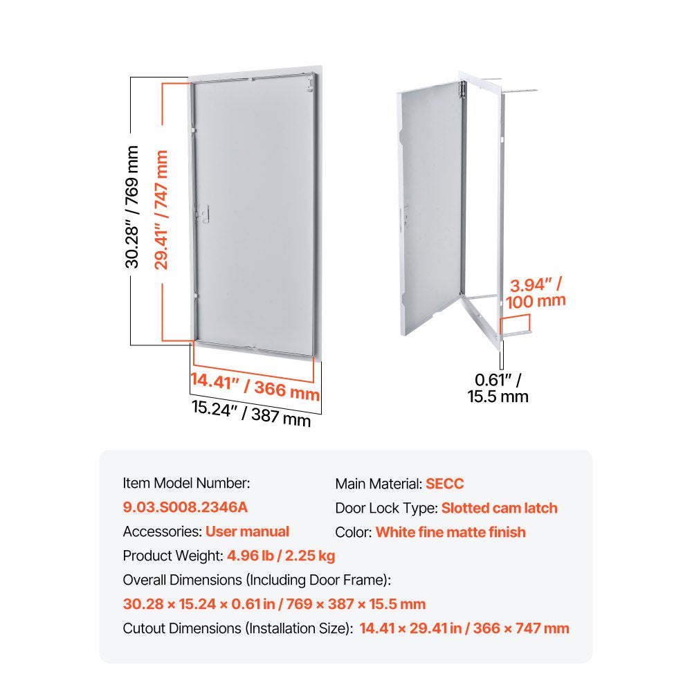 VEVOR Access Panel for Drywall, 30.3 x 15.2 in Galvanized Steel Access Door, Easy Install Hinged Service Panel with Screwdriver Latch, for Ceiling Plumbing Electrical, 14.4 x 29.4 in Cutout Size White