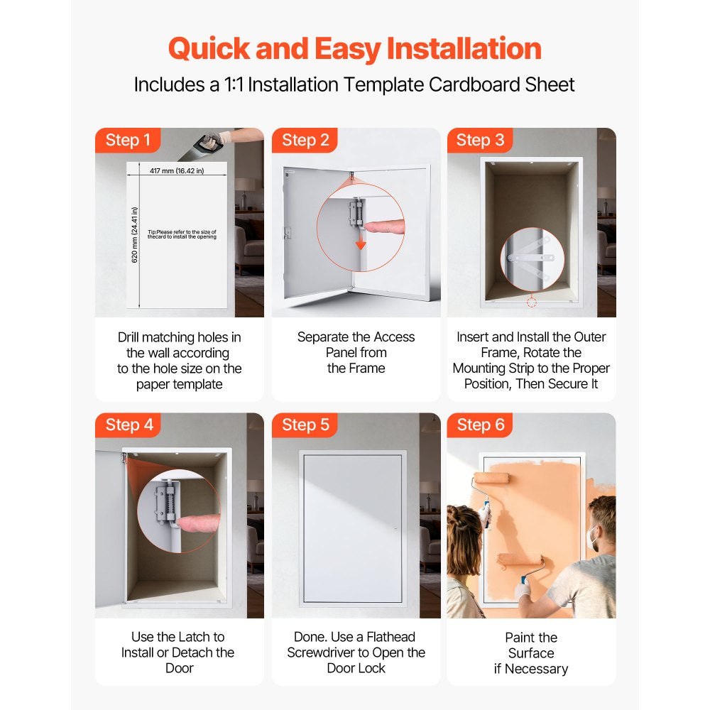 VEVOR Access Panel for Drywall, 25.3 x 17.2 in Galvanized Steel Access Door, Easy Install Hinged Service Panel with Screwdriver Latch, for Ceiling Plumbing Electrical, 16.4 x 24.4 in Cutout Size White