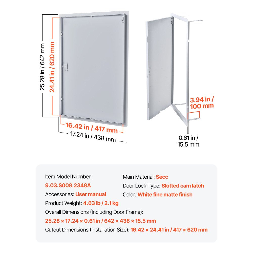 VEVOR Access Panel for Drywall, 25.3 x 17.2 in Galvanized Steel Access Door, Easy Install Hinged Service Panel with Screwdriver Latch, for Ceiling Plumbing Electrical, 16.4 x 24.4 in Cutout Size White