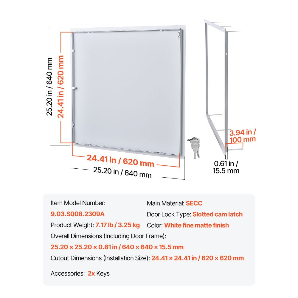 VEVOR Access Panel for Drywall, 25.2 x 25.2 in Galvanized Steel Access Door, Easy Install Hinged Service Panel with Key, for Ceiling Plumbing Electrical, 24.4 x 24.4 in Cutout Size, White