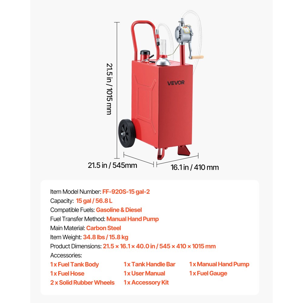 VEVOR 15 Gallon Fuel Gas Caddy, Carbon Steel, Portable Fuel Transfer Storage Tank with Manual Pump & Rolling Wheels, Gasoline Diesel Can Container, for Cars, Lawn Mowers, ATVs, Boats, Motorcycles, Red