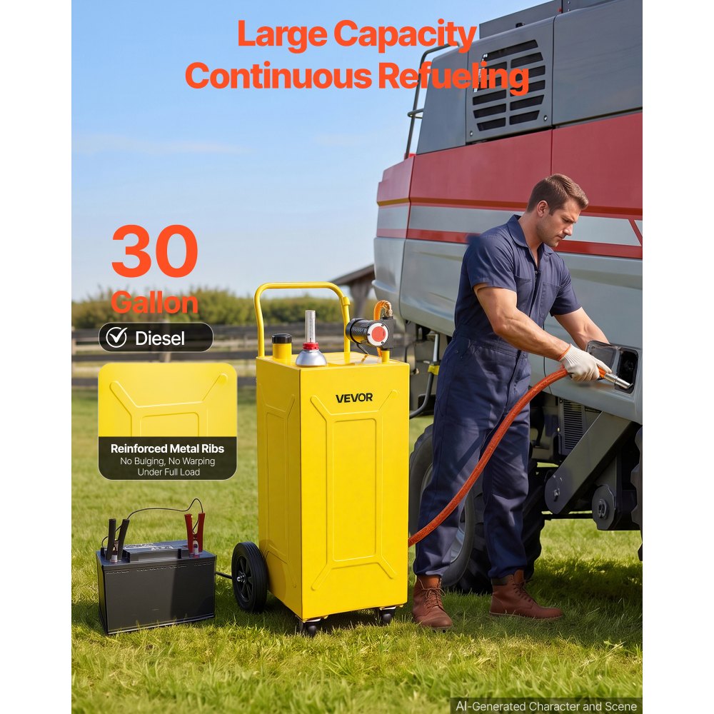 VEVOR 30 Gallon Diesel Caddy, Carbon Steel, Portable Diesel Transfer Storage Tank with Electric Pump, 4 Rolling Wheels, Transfer Can Container, for Tractors, Forklifts, Loaders, Farm Equipment, Yellow