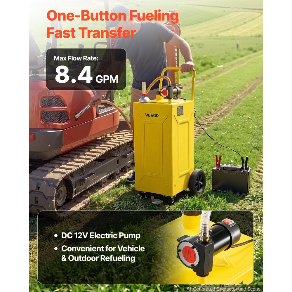 VEVOR 30 Gallon Diesel Caddy, Carbon Steel, Portable Diesel Transfer Storage Tank with Electric Pump, 4 Rolling Wheels, Transfer Can Container, for Tractors, Forklifts, Loaders, Farm Equipment, Yellow