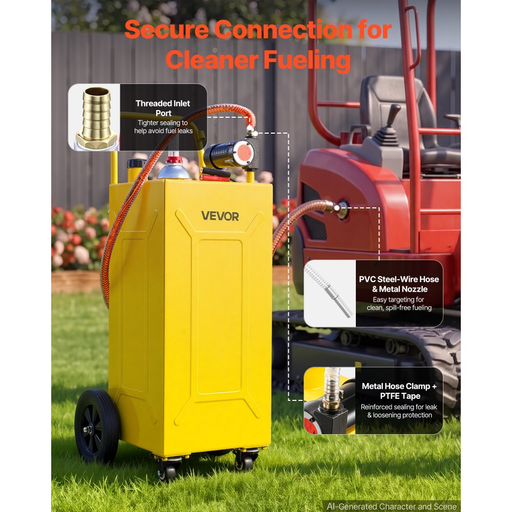 VEVOR 30 Gallon Diesel Caddy, Carbon Steel, Portable Diesel Transfer Storage Tank with Electric Pump, 4 Rolling Wheels, Transfer Can Container, for Tractors, Forklifts, Loaders, Farm Equipment, Yellow
