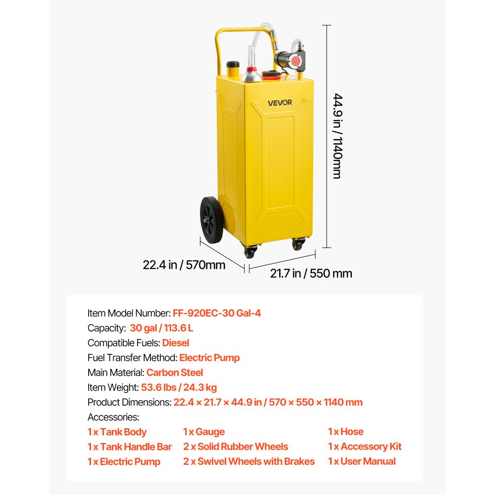 VEVOR 30 Gallon Diesel Caddy, Carbon Steel, Portable Diesel Transfer Storage Tank with Electric Pump, 4 Rolling Wheels, Transfer Can Container, for Tractors, Forklifts, Loaders, Farm Equipment, Yellow