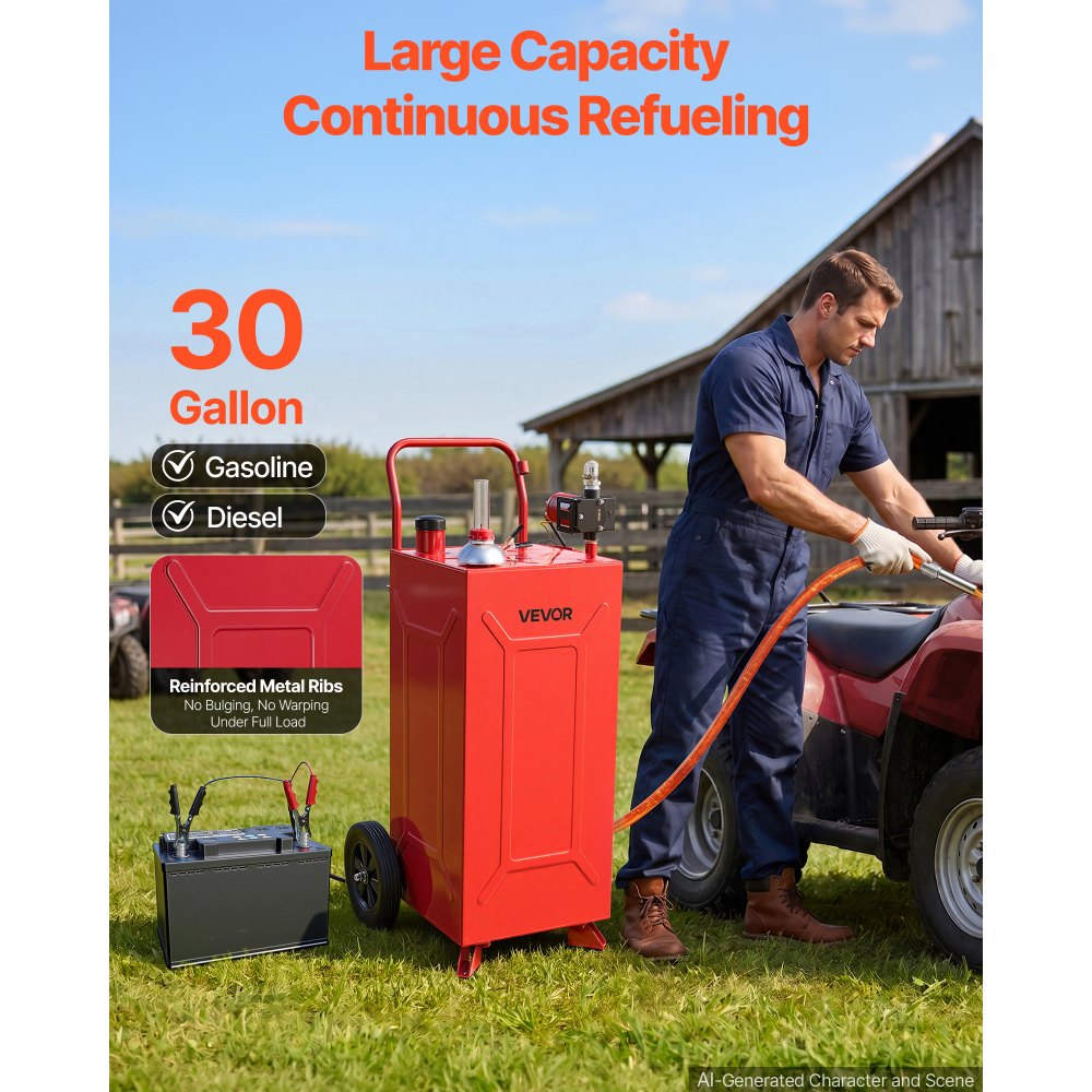 VEVOR 30 Gallon Fuel Gas Caddy, Carbon Steel, Portable Fuel Transfer Storage Tank with Electric Pump & 2 Wheels, Gasoline Diesel Can Container, for Cars, Lawn Mowers, ATVs, Boats, Motorcycles, Red