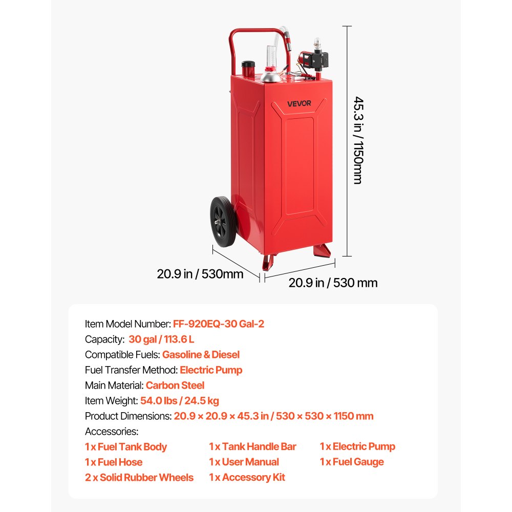 VEVOR 30 Gallon Fuel Gas Caddy, Carbon Steel, Portable Fuel Transfer Storage Tank with Electric Pump & 2 Wheels, Gasoline Diesel Can Container, for Cars, Lawn Mowers, ATVs, Boats, Motorcycles, Red