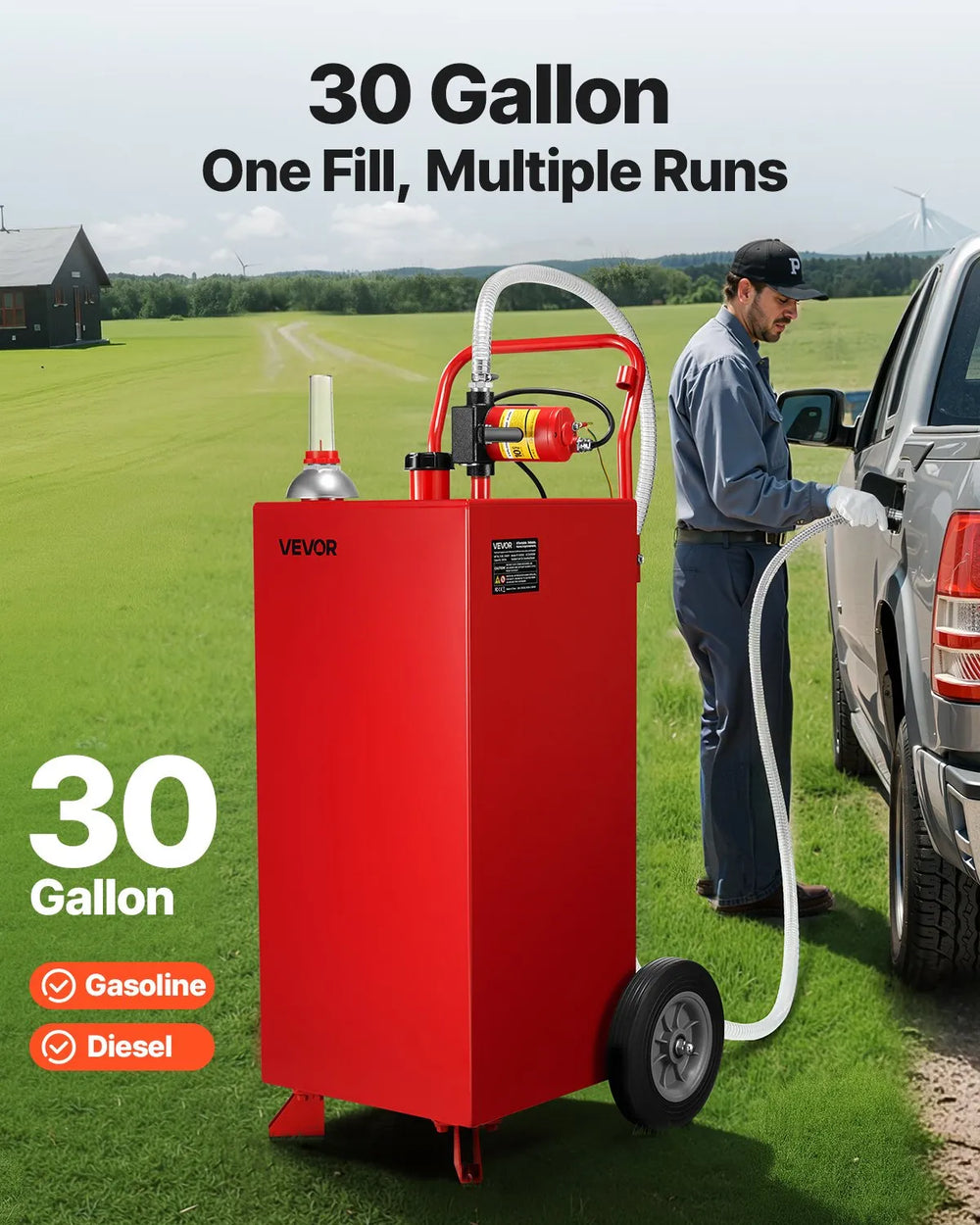 VEVOR 30 Gallon Gas Caddy with Electric Pump, Red - lifestyle refueling image