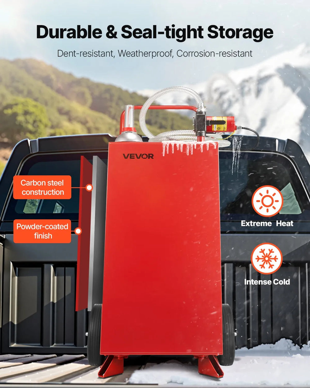 VEVOR durable carbon steel construction and powder-coated finish graphic