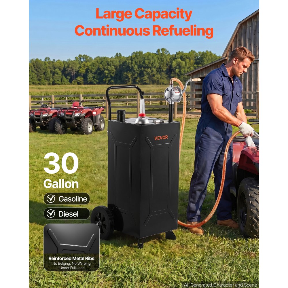 VEVOR 30 Gallon Fuel Gas Caddy, Carbon Steel, Portable Fuel Transfer Storage Tank with Manual Pump & 2 Wheels, Gasoline Diesel Can Container, for Cars, Lawn Mowers, ATVs, Boats, Motorcycles, Black