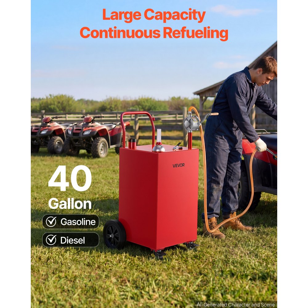 VEVOR 40 Gallon Fuel Gas Caddy, Carbon Steel, Portable Fuel Transfer Storage Tank with Manual Pump and 4 Wheels, Gasoline Diesel Can Container, for Cars, Lawn Mowers, ATVs, Boats, Motorcycles, Red