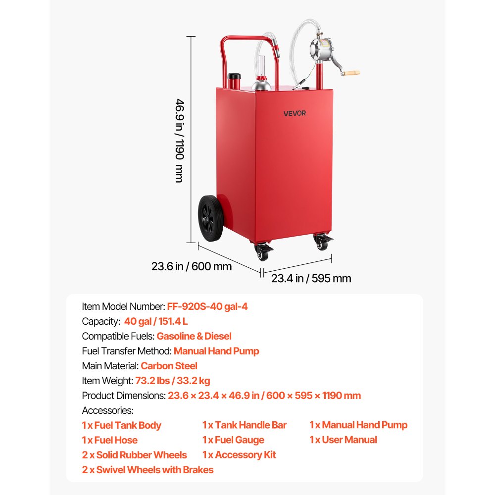 VEVOR 40 Gallon Fuel Gas Caddy, Carbon Steel, Portable Fuel Transfer Storage Tank with Manual Pump and 4 Wheels, Gasoline Diesel Can Container, for Cars, Lawn Mowers, ATVs, Boats, Motorcycles, Red