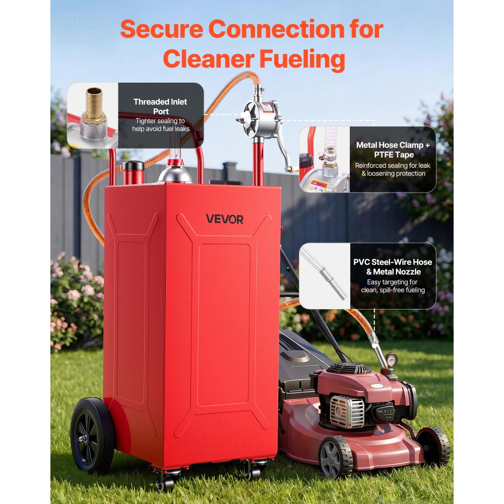 VEVOR 35 Gallon Fuel Gas Caddy, Carbon Steel, Portable Fuel Transfer Storage Tank with Manual Pump and 4 Wheels, Gasoline Diesel Can Container, for Cars, Lawn Mowers, ATVs, Boats, Motorcycles, Red