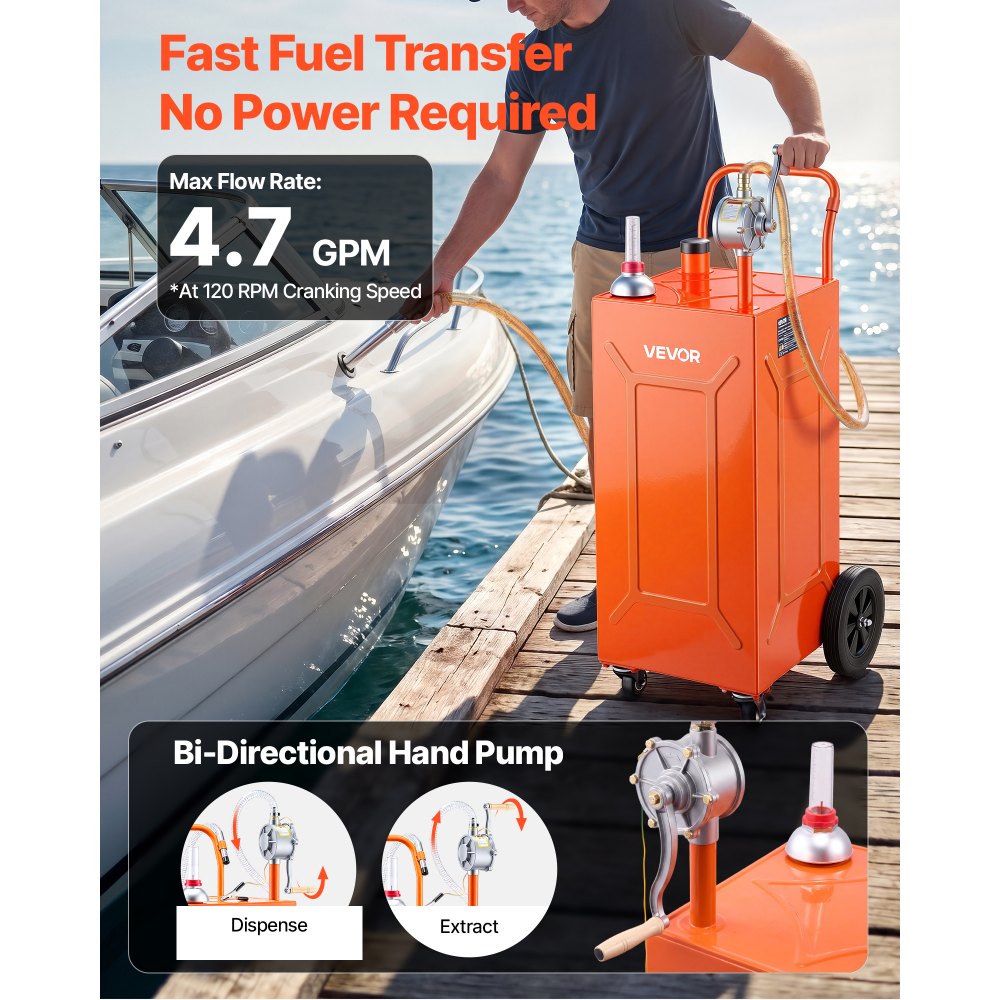 VEVOR 35 Gallon Fuel Gas Caddy, Carbon Steel, Portable Fuel Transfer Storage Tank with Manual Pump & 4 Wheels, Gasoline Diesel Can Container, for Cars, Lawn Mowers, ATVs, Boats, Motorcycles, Orange