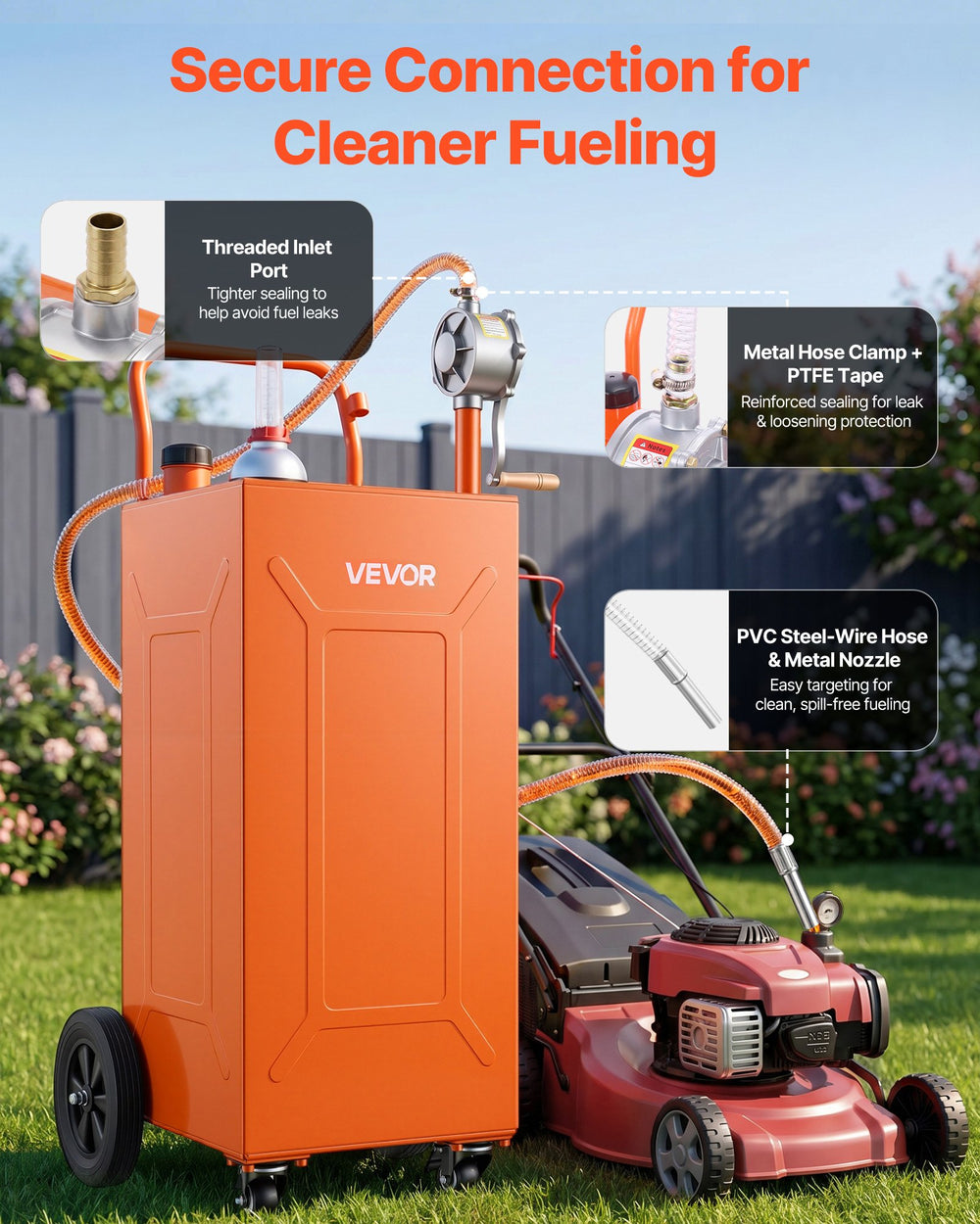 VEVOR 35 Gallon Fuel Gas Caddy, Carbon Steel, Portable Fuel Transfer Storage Tank with Manual Pump & 4 Wheels, Gasoline Diesel Can Container, for Cars, Lawn Mowers, ATVs, Boats, Motorcycles, Orange