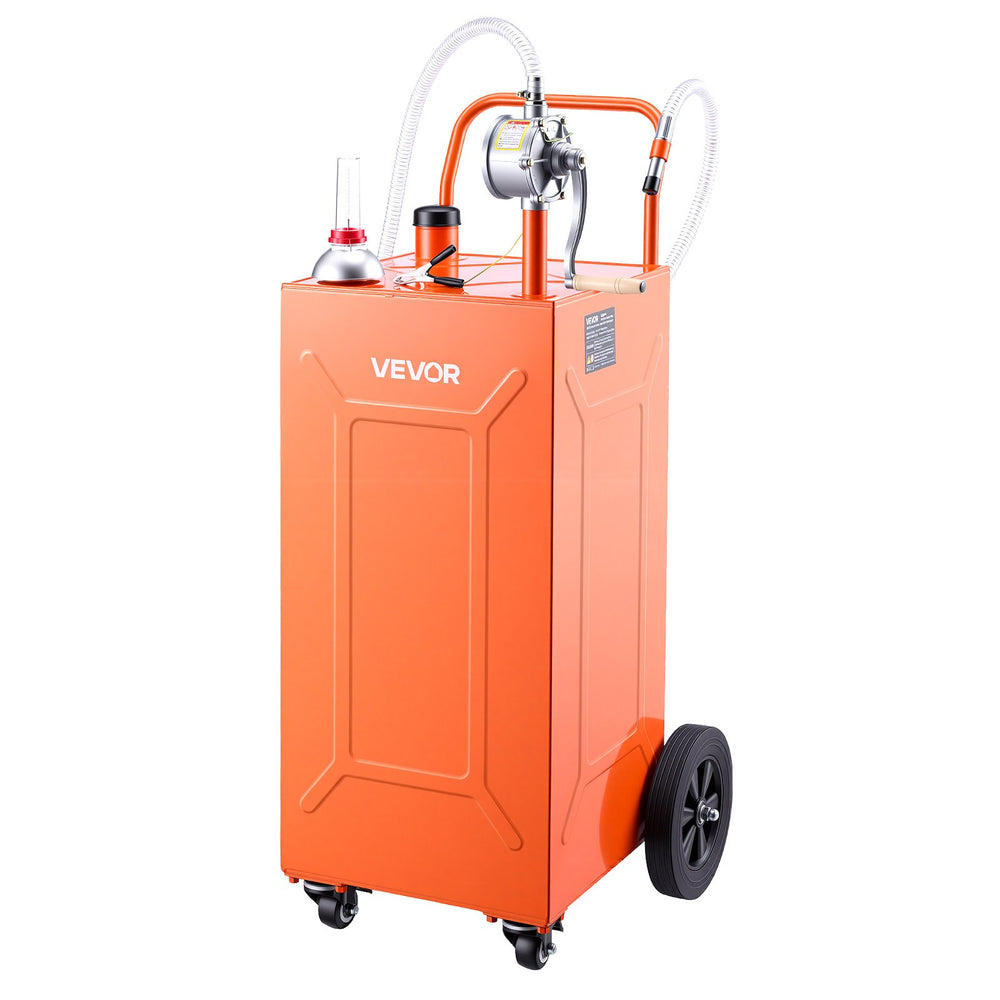 VEVOR 35 Gallon Fuel Gas Caddy, Carbon Steel, Portable Fuel Transfer Storage Tank with Manual Pump & 4 Wheels, Gasoline Diesel Can Container, for Cars, Lawn Mowers, ATVs, Boats, Motorcycles, Orange