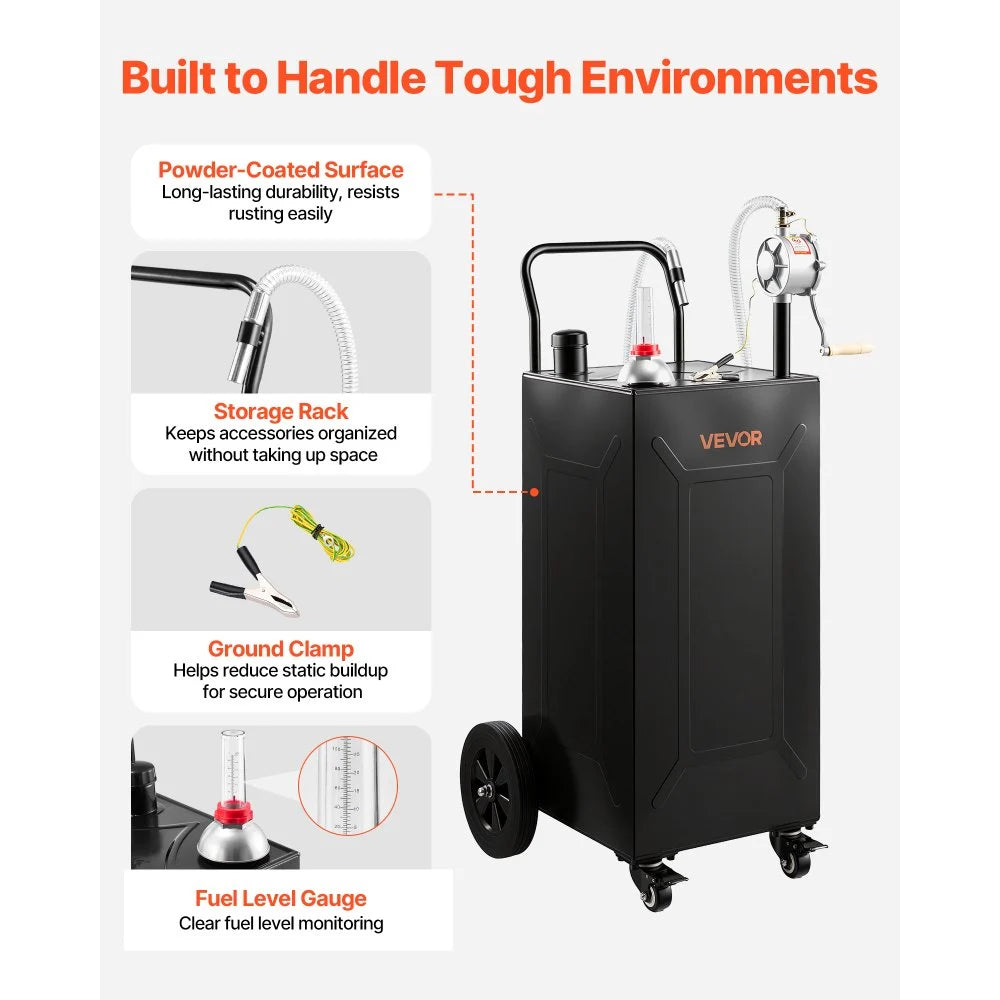 VEVOR 30 Gallon Fuel Gas Caddy, Carbon Steel, Portable Fuel Transfer Storage Tank with Manual Pump & 4 Wheels, Gasoline Diesel Can Container, for Cars, Lawn Mowers, ATVs, Boats, Motorcycles, Black