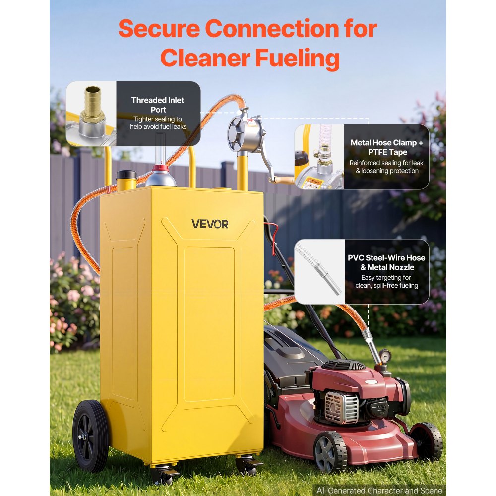 VEVOR 35 Gallon Fuel Gas Caddy, Carbon Steel, Portable Fuel Transfer Storage Tank with Manual Pump & 4 Wheels, Gasoline Diesel Can Container, for Cars, Lawn Mowers, ATVs, Boats, Motorcycles, Yellow