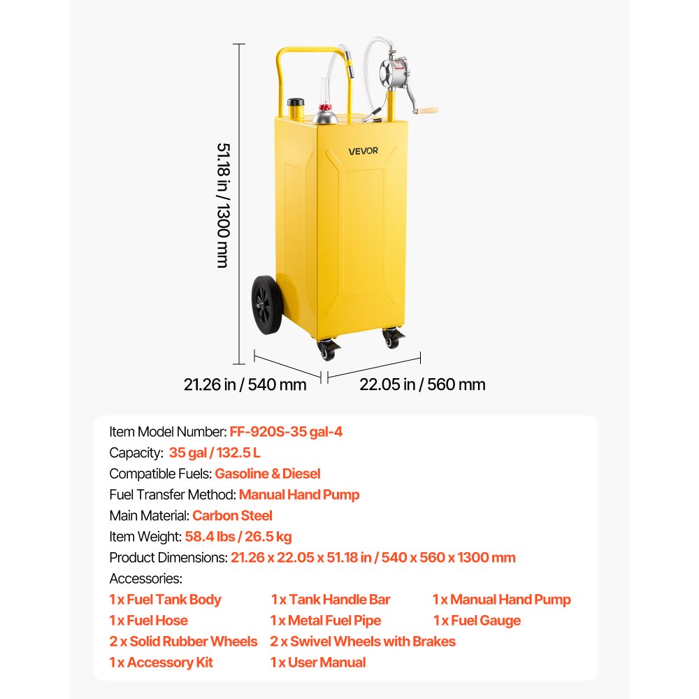 VEVOR 35 Gallon Fuel Gas Caddy, Carbon Steel, Portable Fuel Transfer Storage Tank with Manual Pump & 4 Wheels, Gasoline Diesel Can Container, for Cars, Lawn Mowers, ATVs, Boats, Motorcycles, Yellow