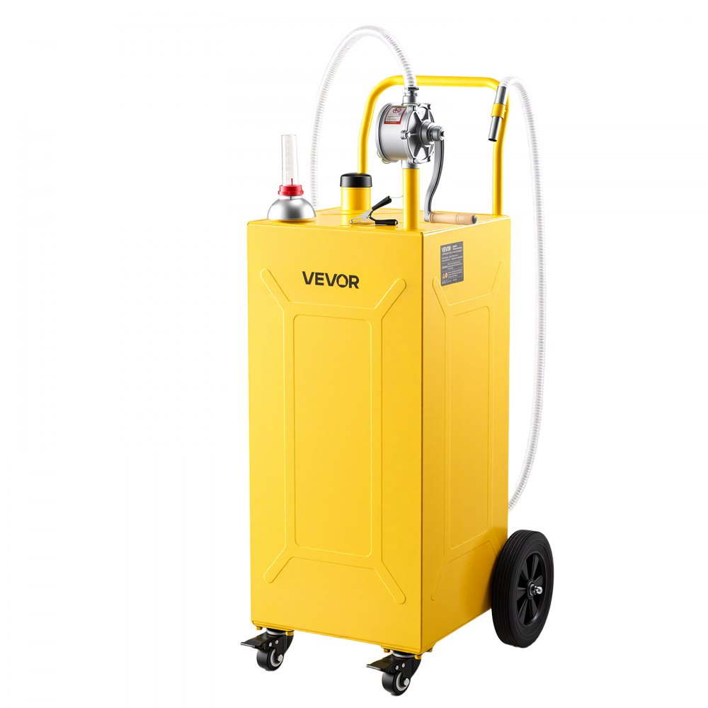 VEVOR 35 Gallon Fuel Gas Caddy, Carbon Steel, Portable Fuel Transfer Storage Tank with Manual Pump & 4 Wheels, Gasoline Diesel Can Container, for Cars, Lawn Mowers, ATVs, Boats, Motorcycles, Yellow