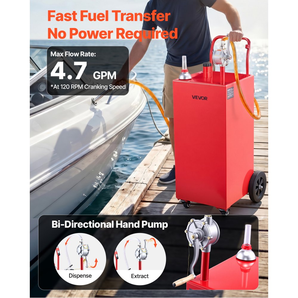 VEVOR 50 Gallon Fuel Gas Caddy, Carbon Steel, Portable Fuel Transfer Storage Tank with Manual Pump and 4 Wheels, Gasoline Diesel Can Container, for Cars, Lawn Mowers, ATVs, Boats, Motorcycles, Red